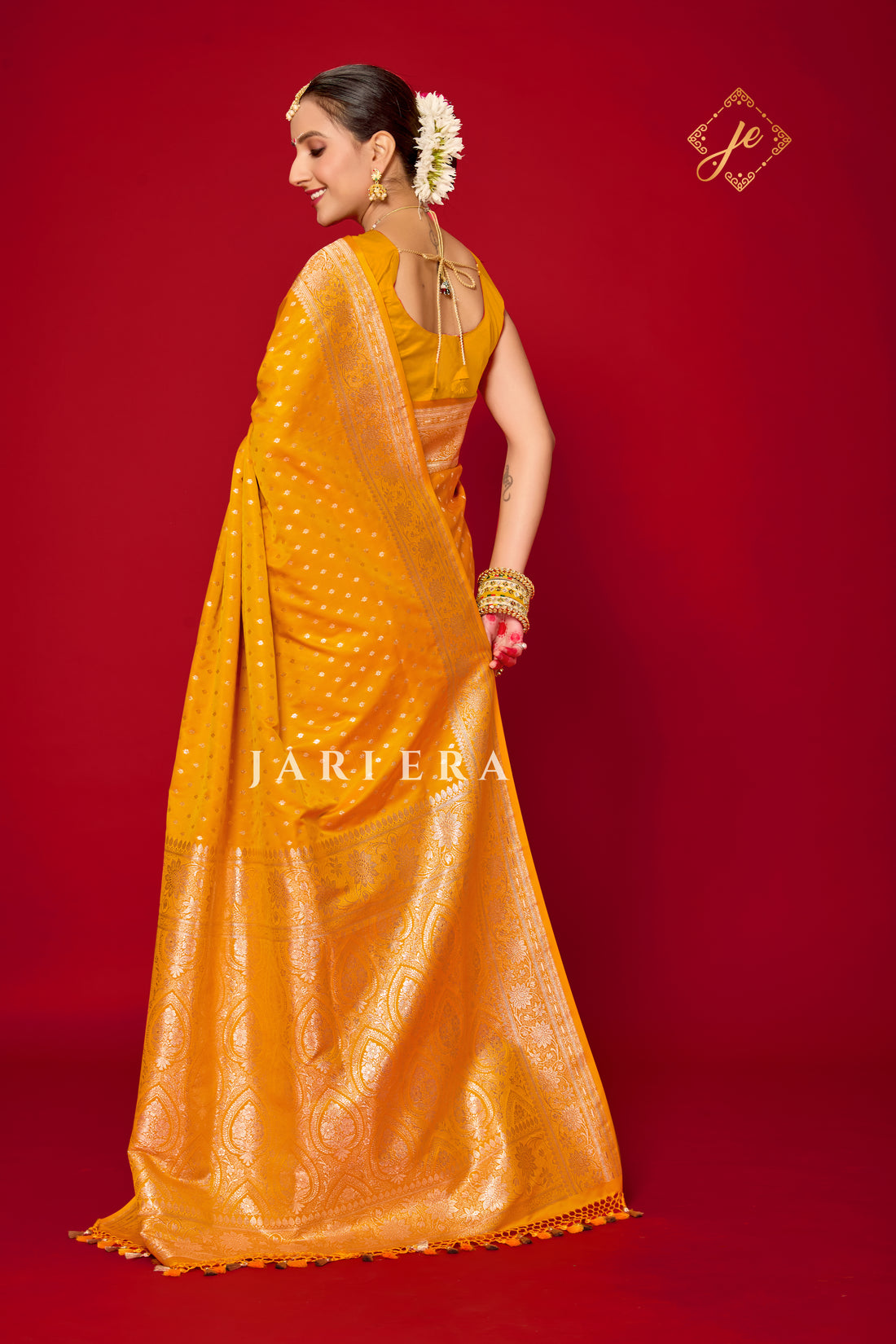 Haldi Yellow Satin Silk Buti Banarasi Saree