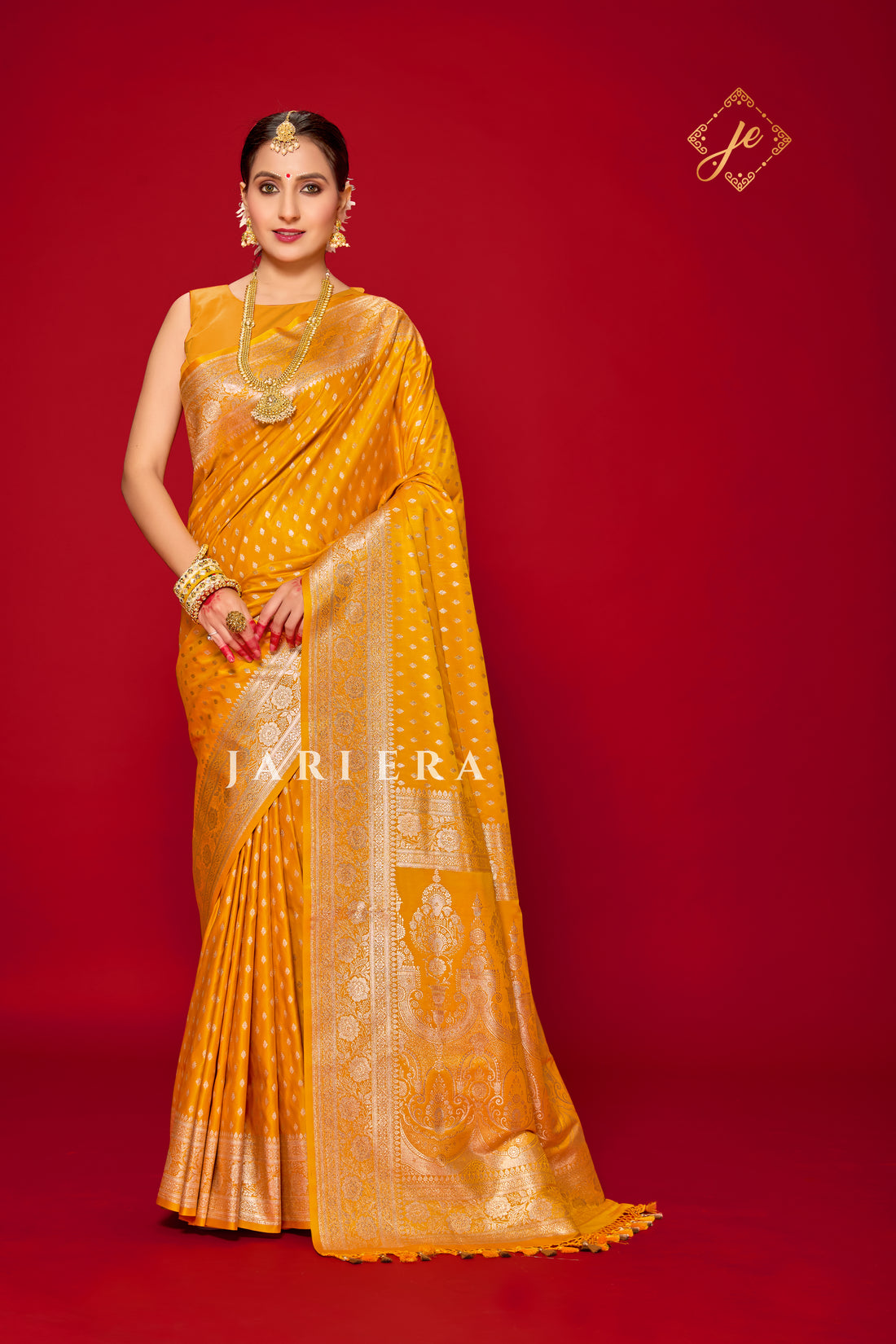 Mustard Yellow Satin Silk Buti Banarasi Saree