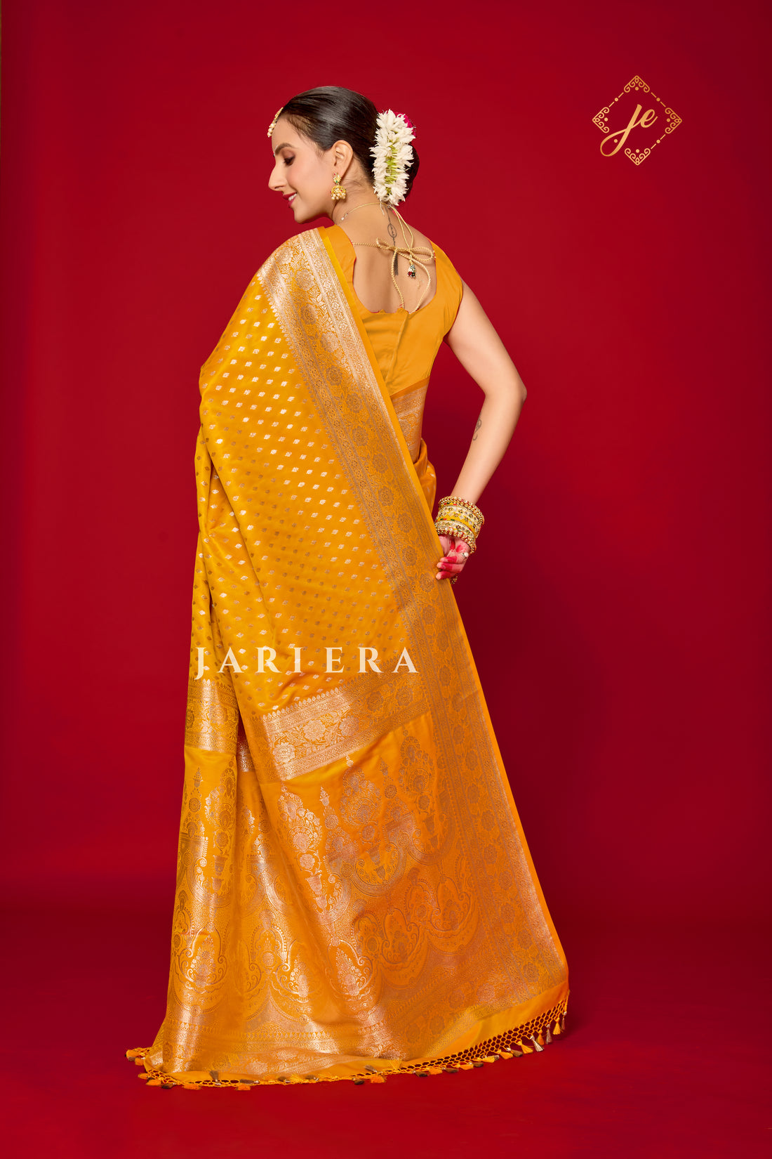 Mustard Yellow Satin Silk Buti Banarasi Saree