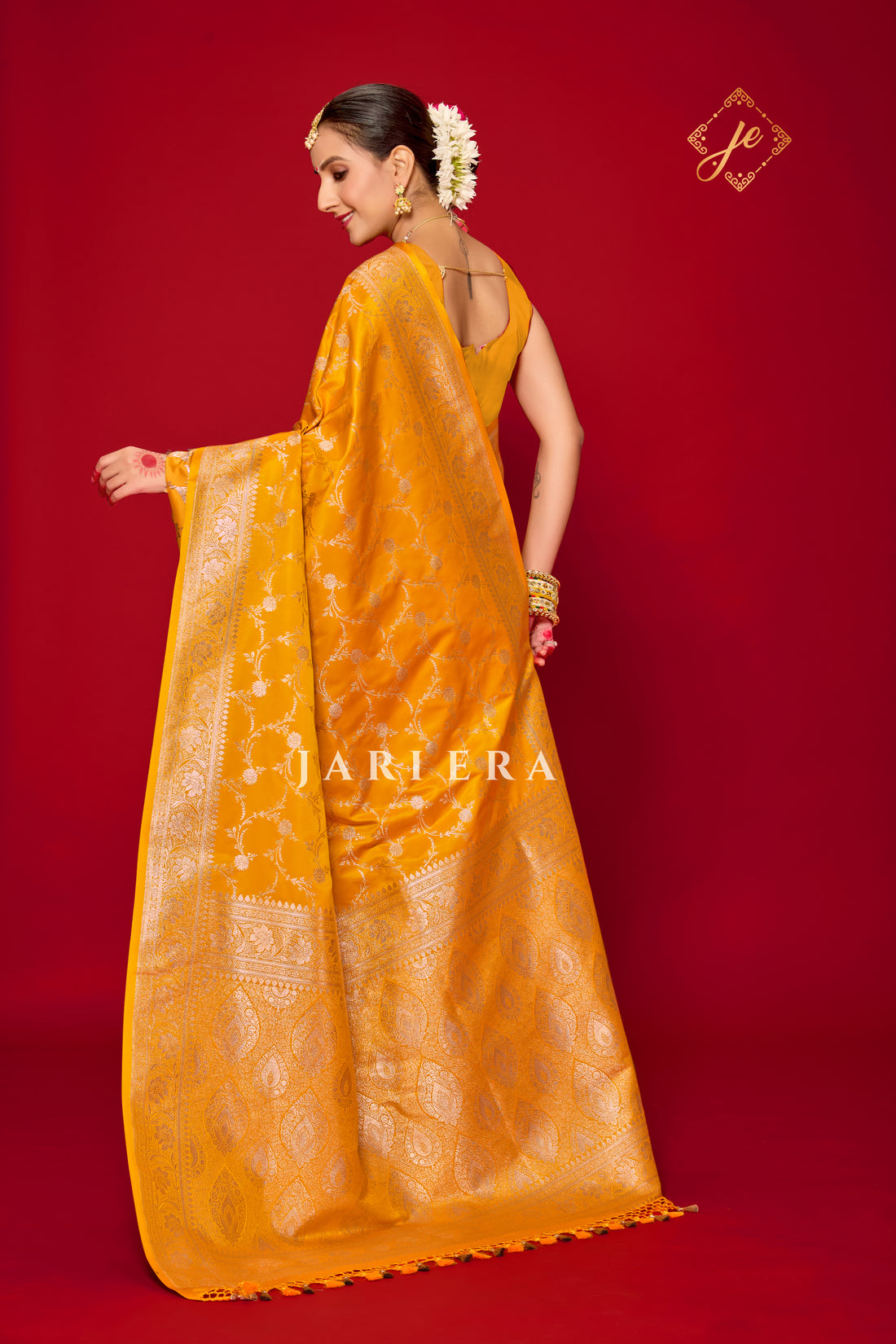 Mustard Yellow Satin Silk Jaal Banarasi Saree