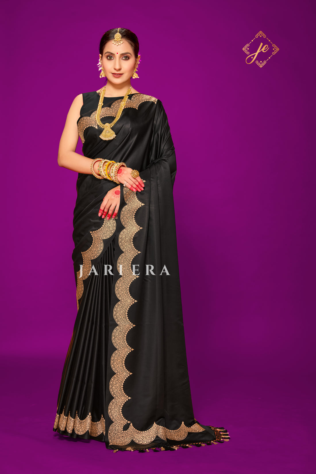 Black Scallop Border Satin Silk Banarasi Saree