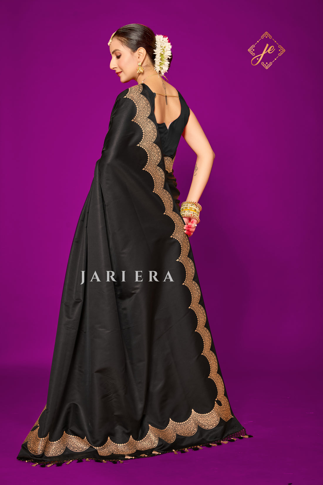 Black Scallop Border Satin Silk Banarasi Saree