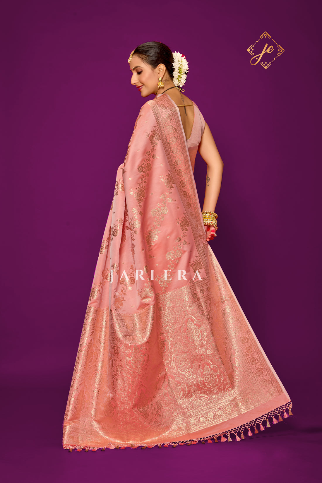 Sunset Rose Satin Silk Leheriya Banarasi Saree