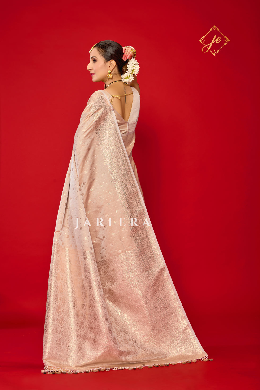 Champagne Pink Satin Silk Buti Banarasi Saree