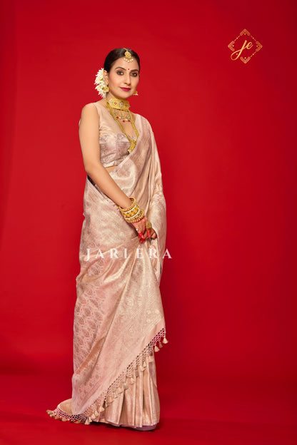 Champagne Pink Satin Silk Buti Banarasi Saree