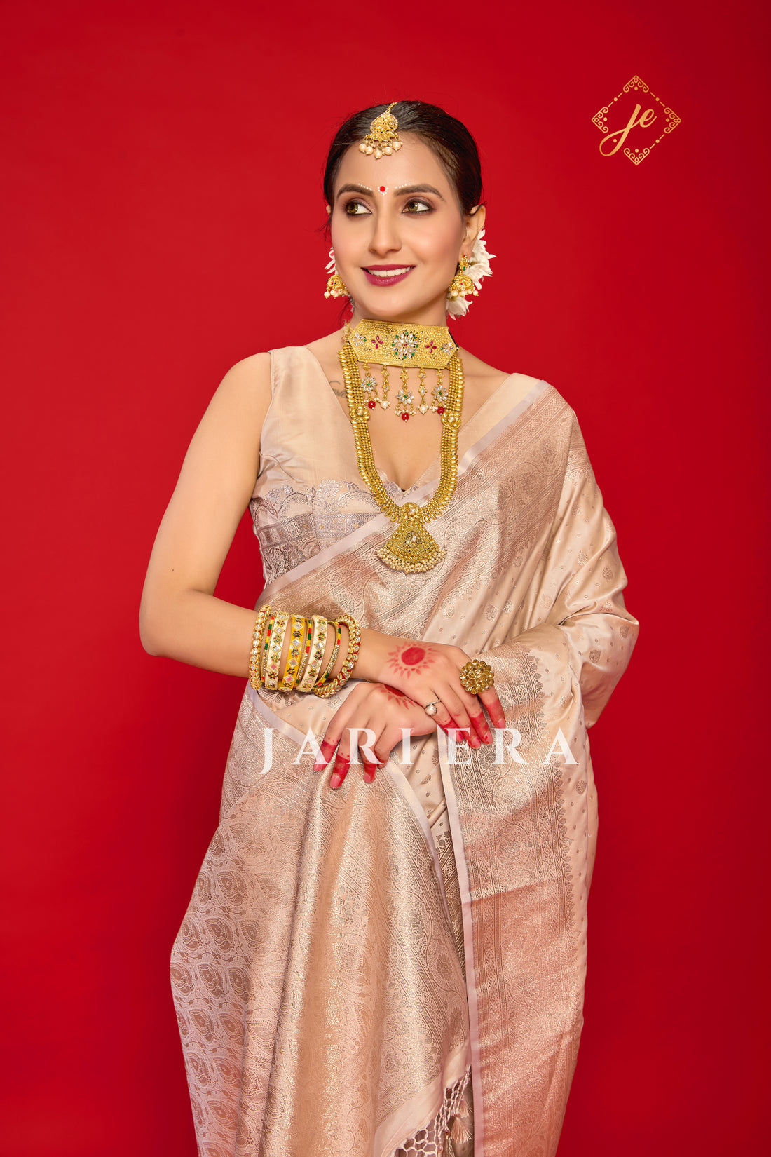 Champagne Pink Satin Silk Buti Banarasi Saree
