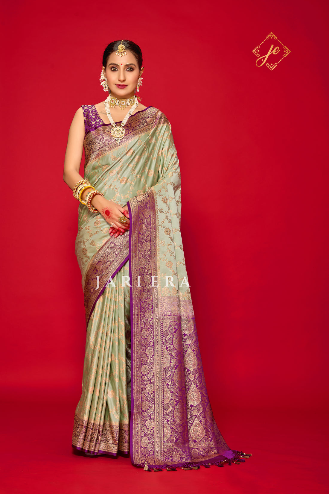 Pista Blossom Satin Silk Jaal Banarasi Saree