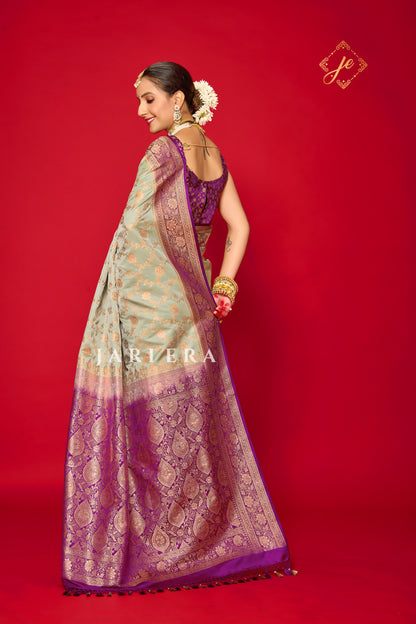 Pista Blossom Satin Silk Jaal Banarasi Saree