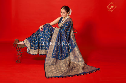 German Blue Satin Silk Jaal Banarasi Saree