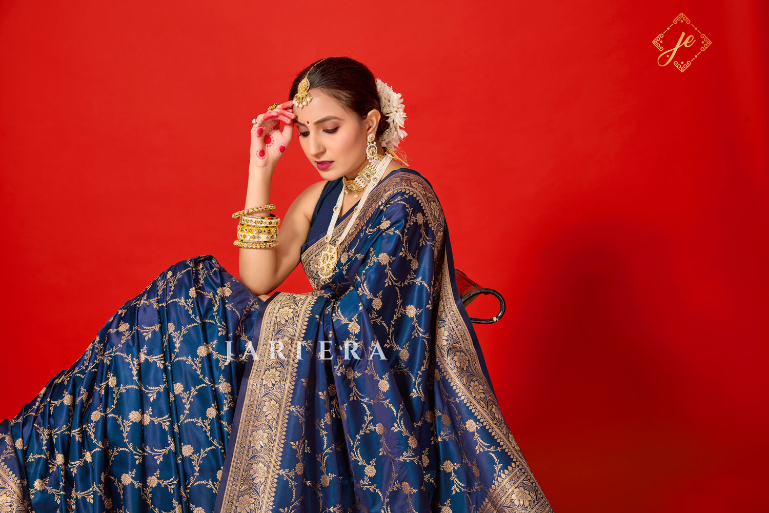 German Blue Satin Silk Jaal Banarasi Saree