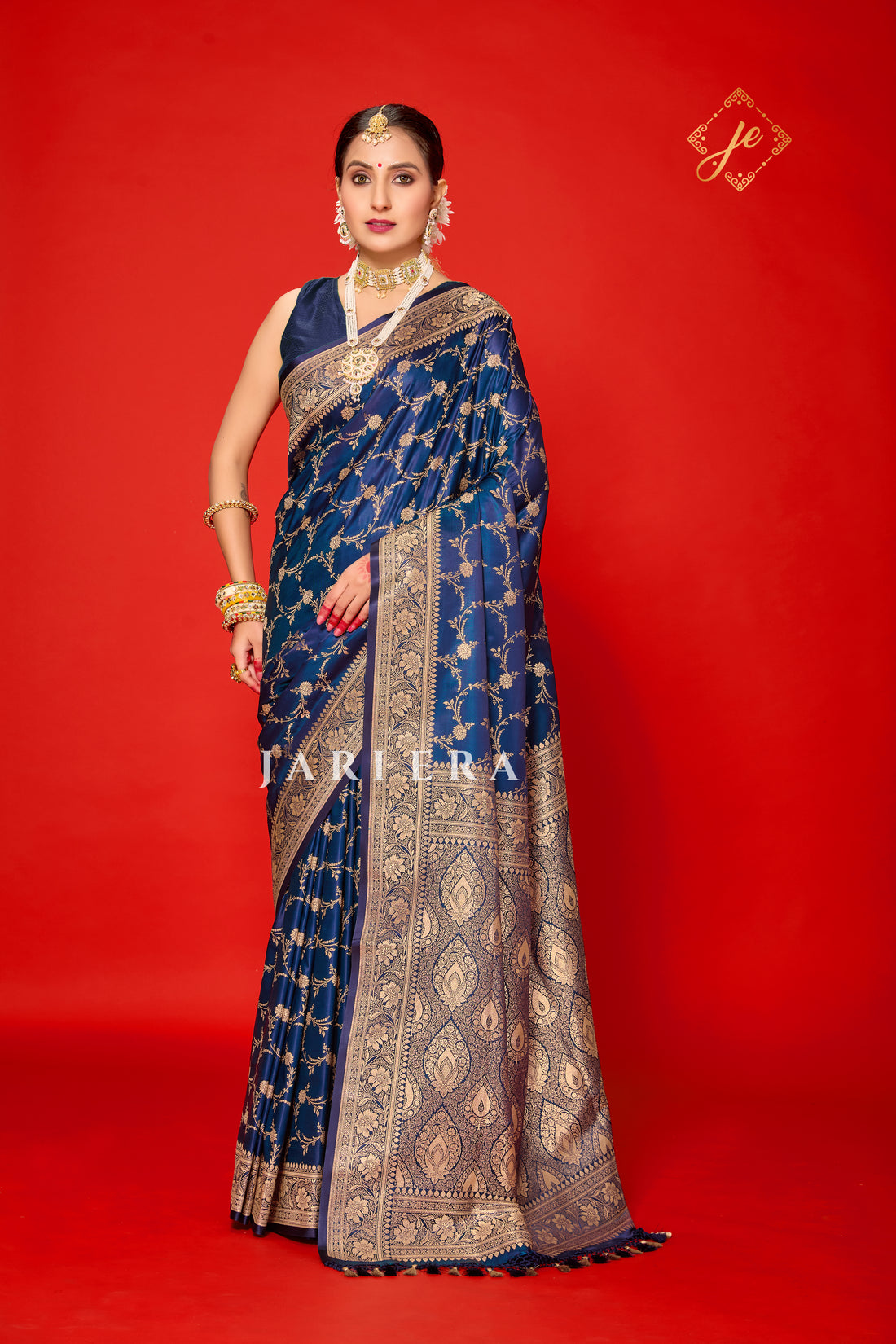 German Blue Satin Silk Jaal Banarasi Saree