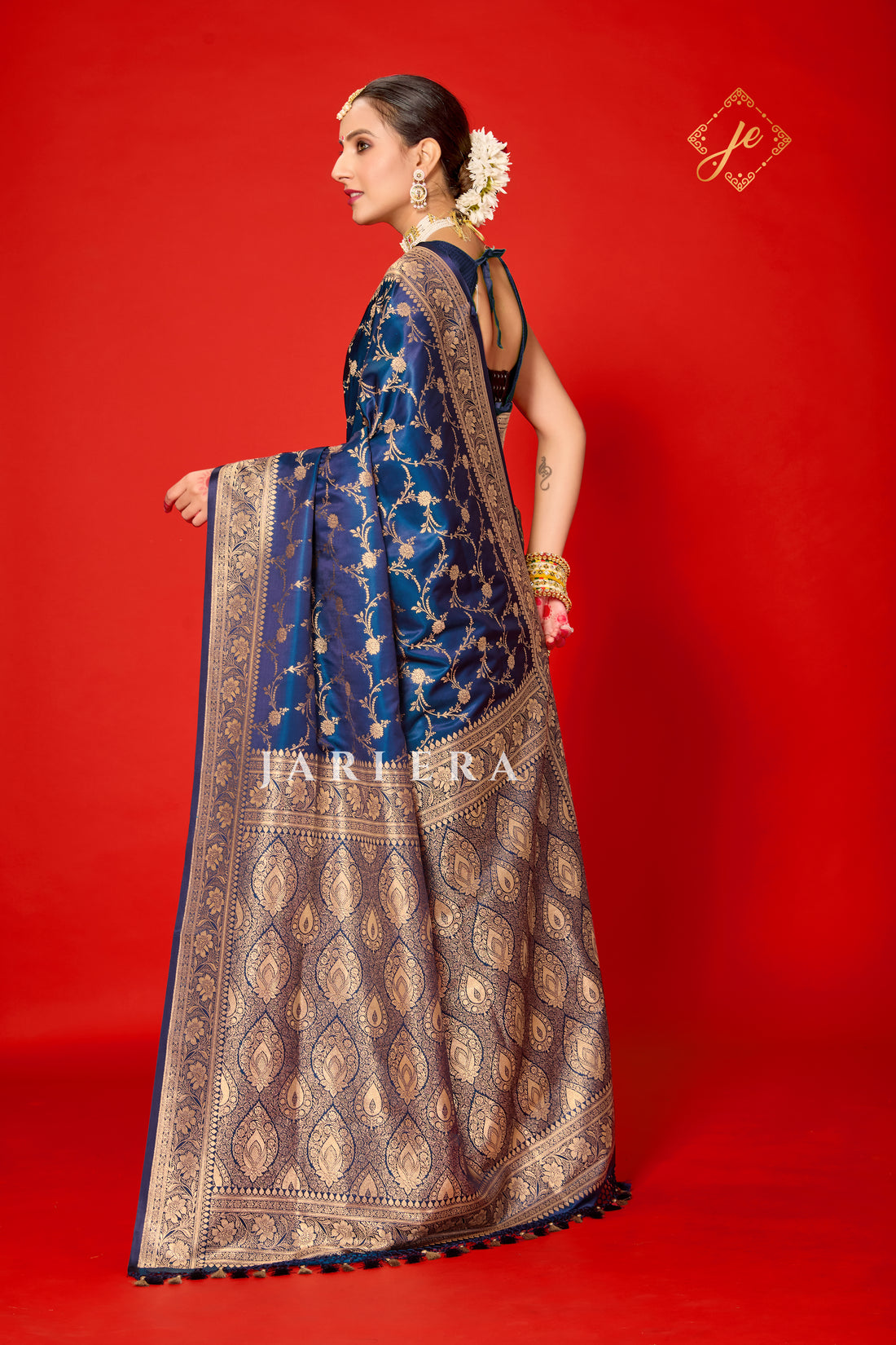 German Blue Satin Silk Jaal Banarasi Saree