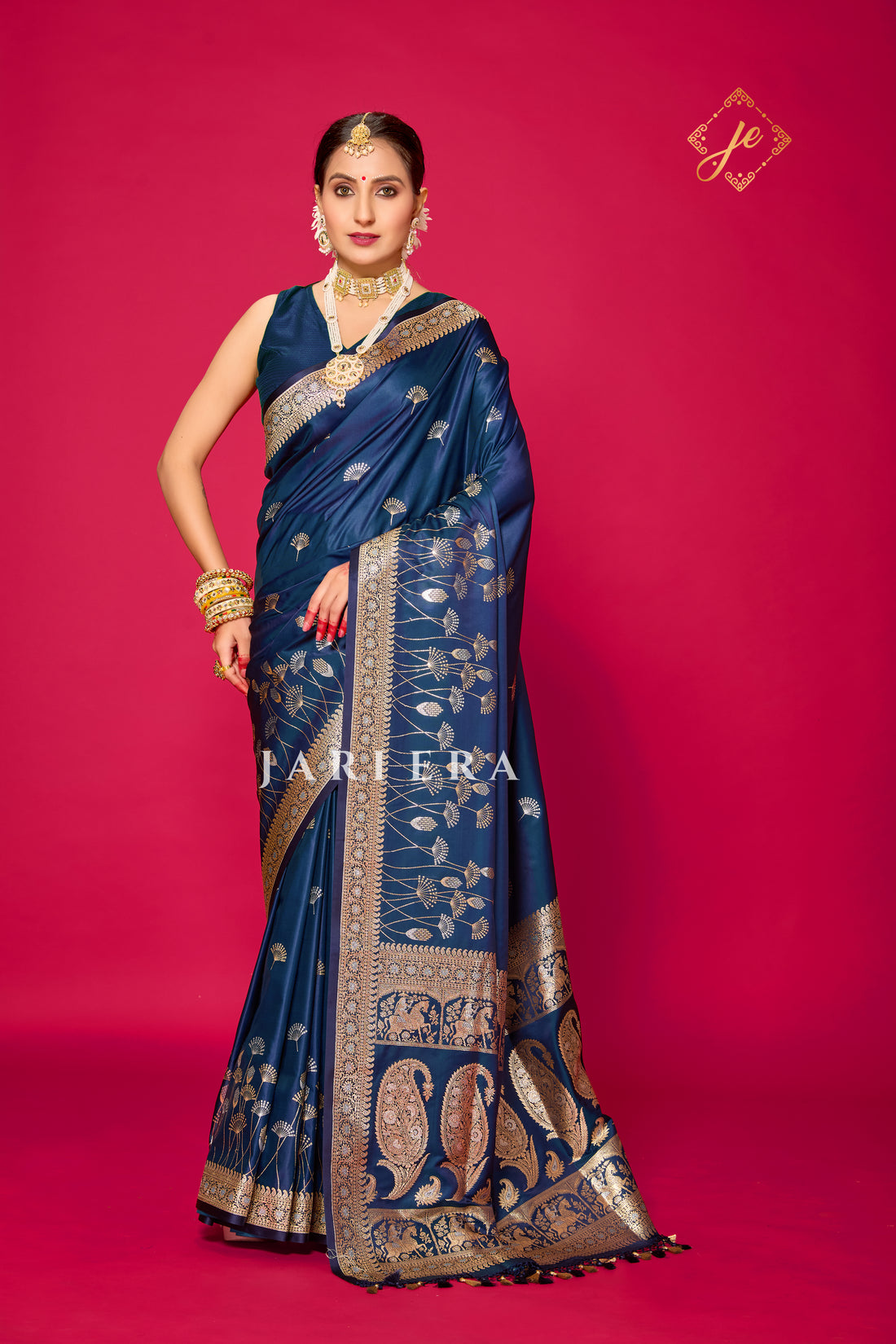 German Blue Satin Silk Banarasi Saree