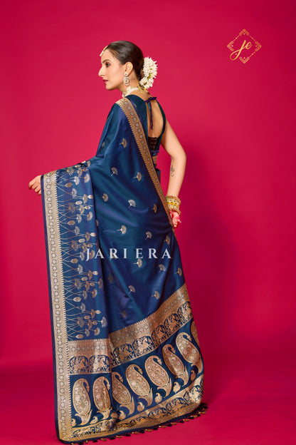 German Blue Satin Silk Banarasi Saree
