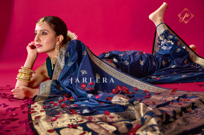 German Blue Satin Silk Banarasi Saree