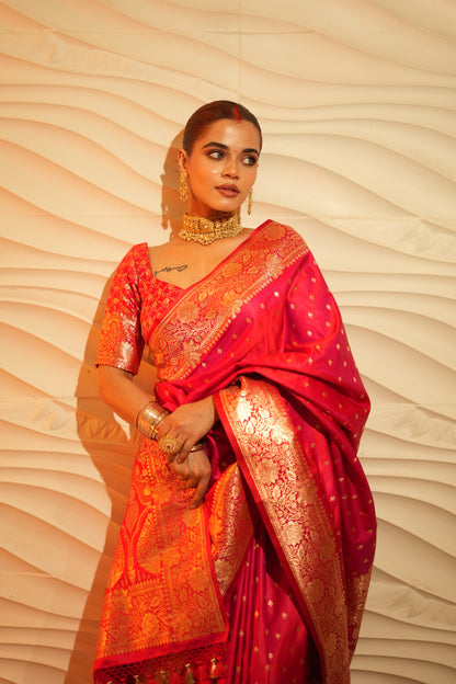 Dual Tone Red Satin Silk Buti Banarasi Saree