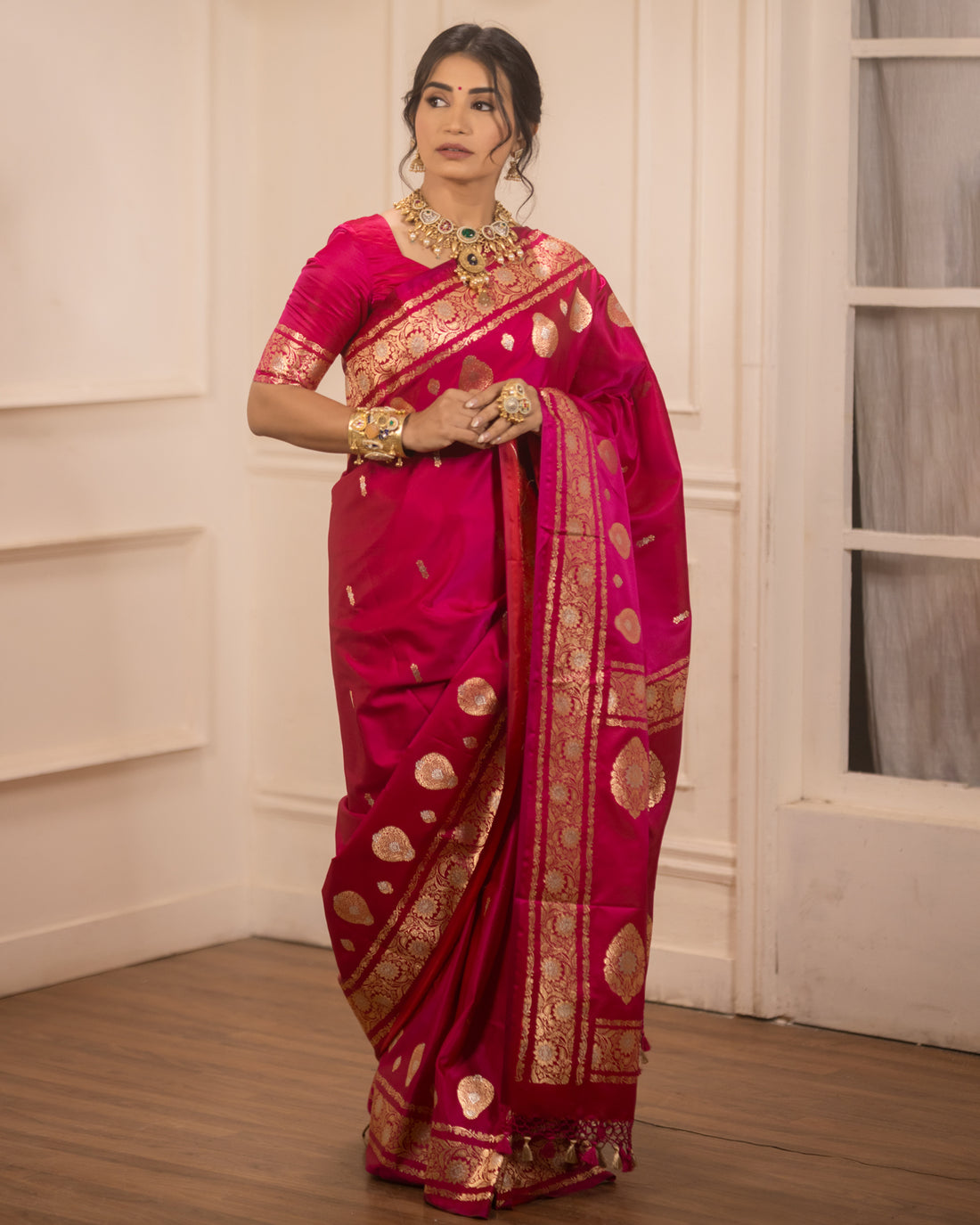 Rani Pink Mashru Silk Buti Banarasi Saree