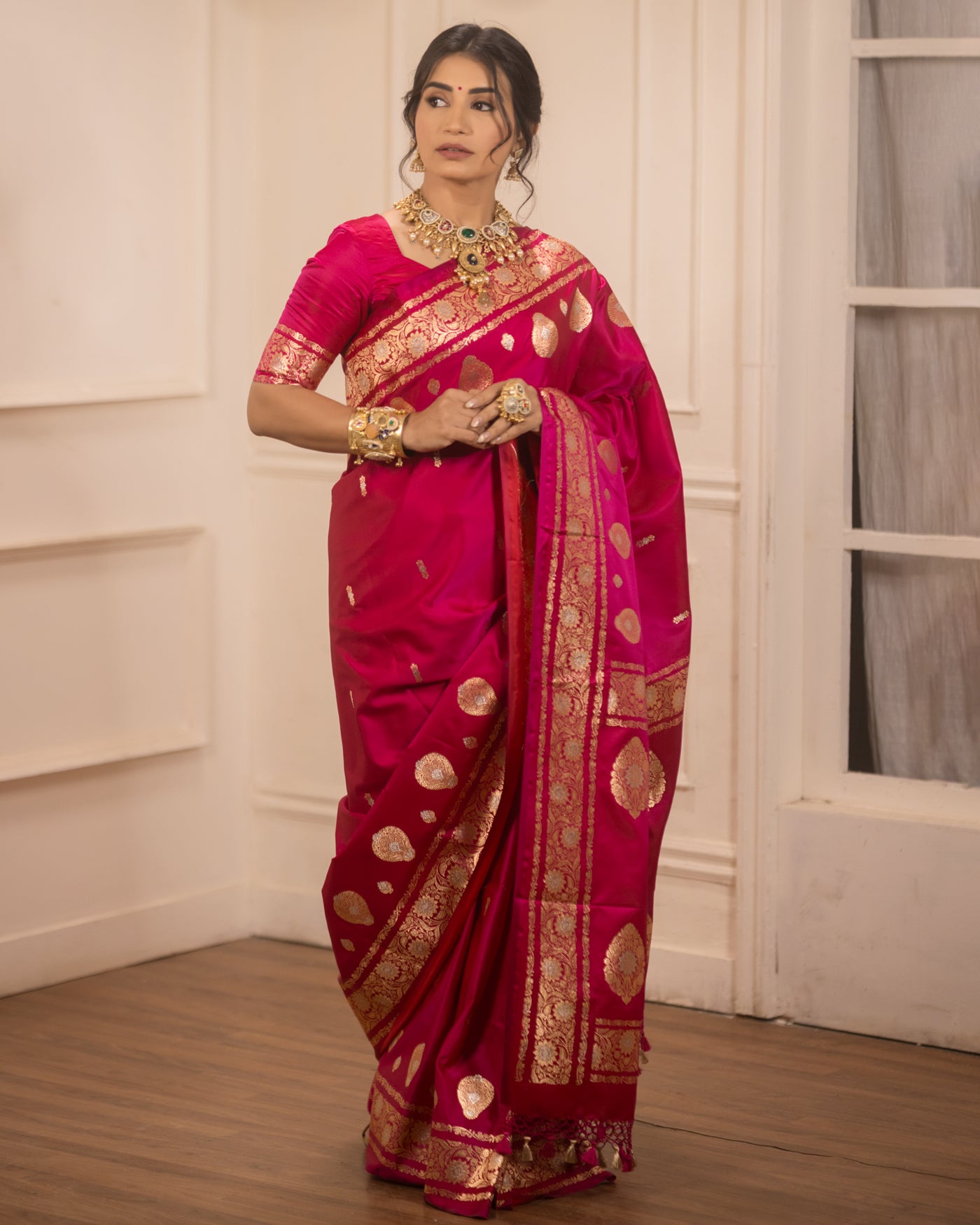 Rani Pink Mashru Silk Buti Banarasi Saree