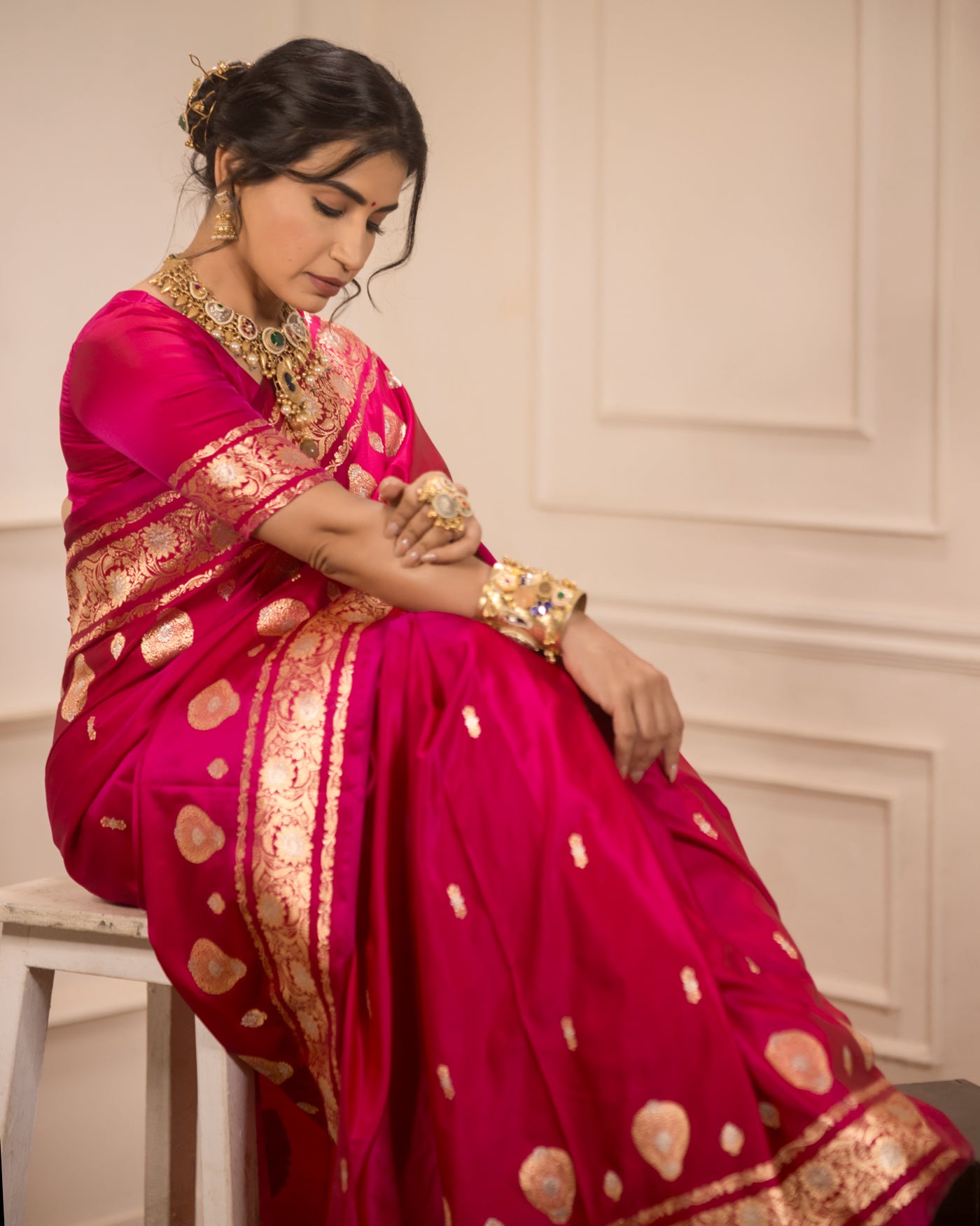 Rani Pink Mashru Silk Buti Banarasi Saree