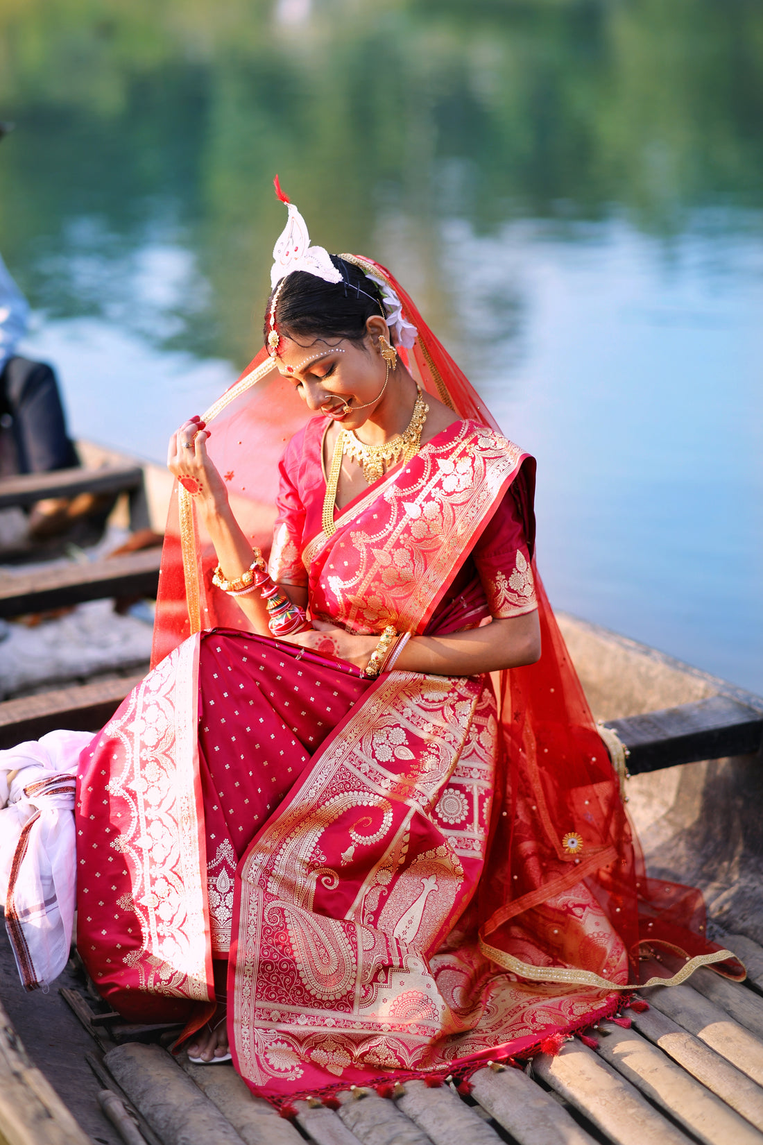 Strawberry Red Satin Silk Banarasi Saree