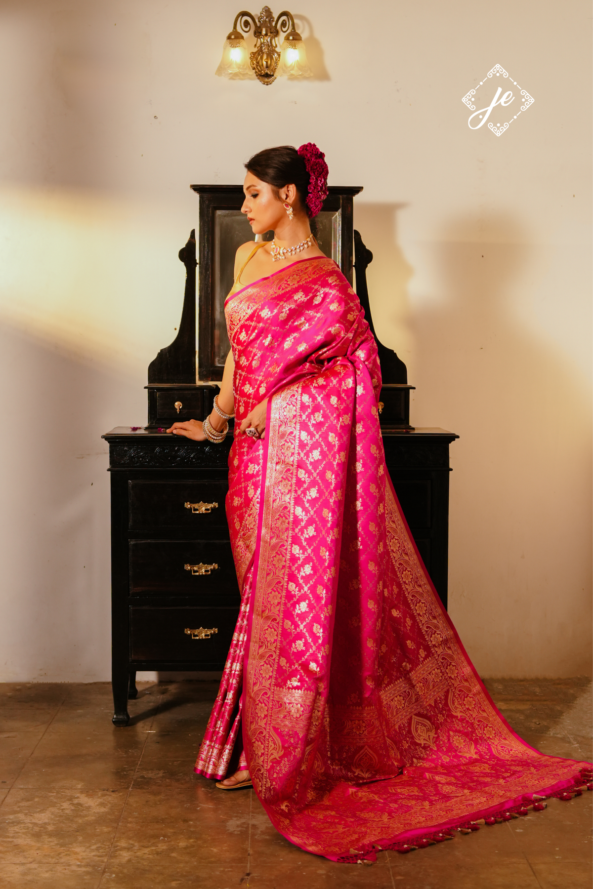 Rani Pink Satin Tissue Silk Jaal Banarasi Saree