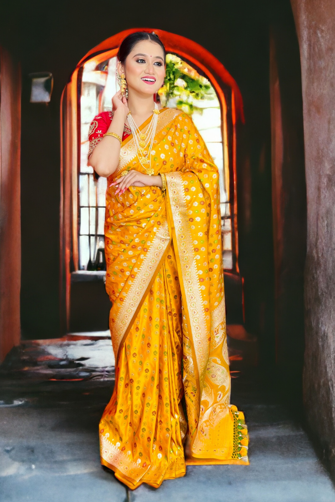 Mustard Yellow Satin Banarasi Baluchari Pattern Saree