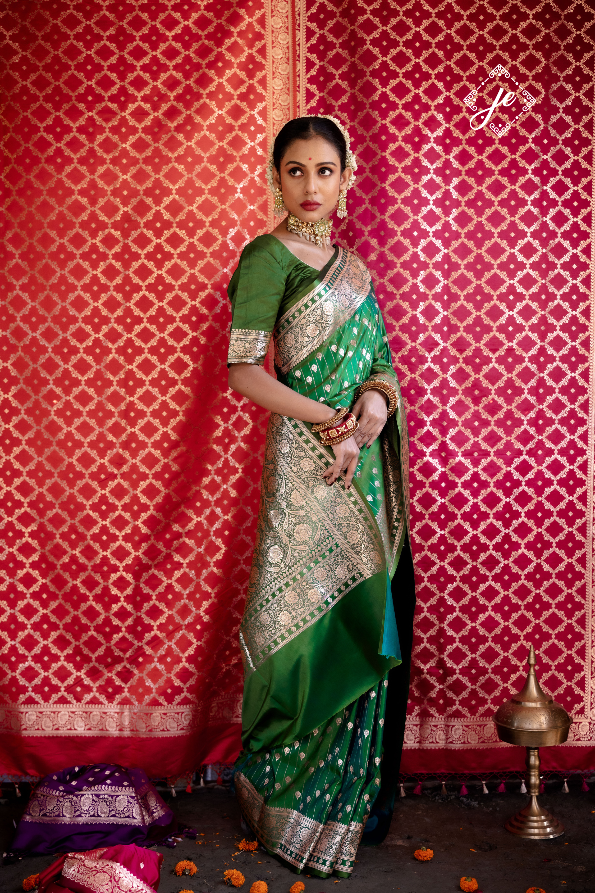 Green Satin Silk Striped Banarasi Saree