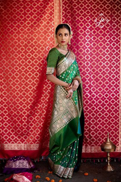 Green Satin Silk Striped Banarasi Saree
