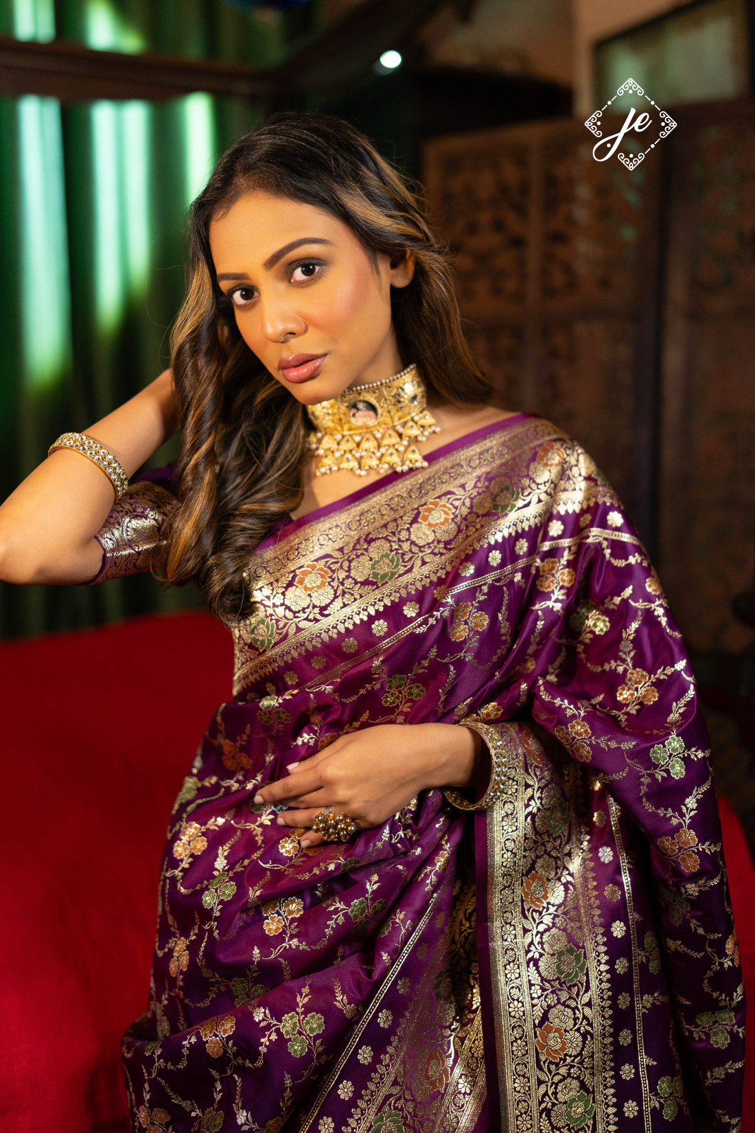 Purple Satin Silk Meenakari Jaal  Banarasi Saree