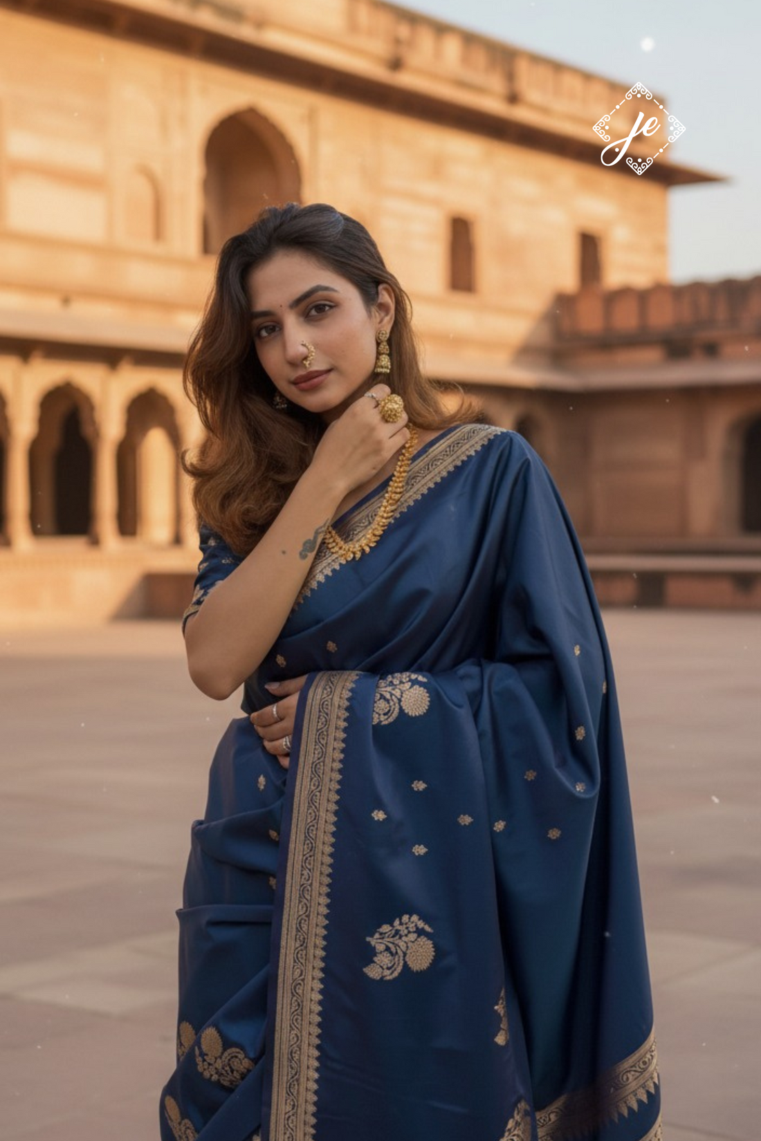 German Blue Satin Silk Banarasi Saree