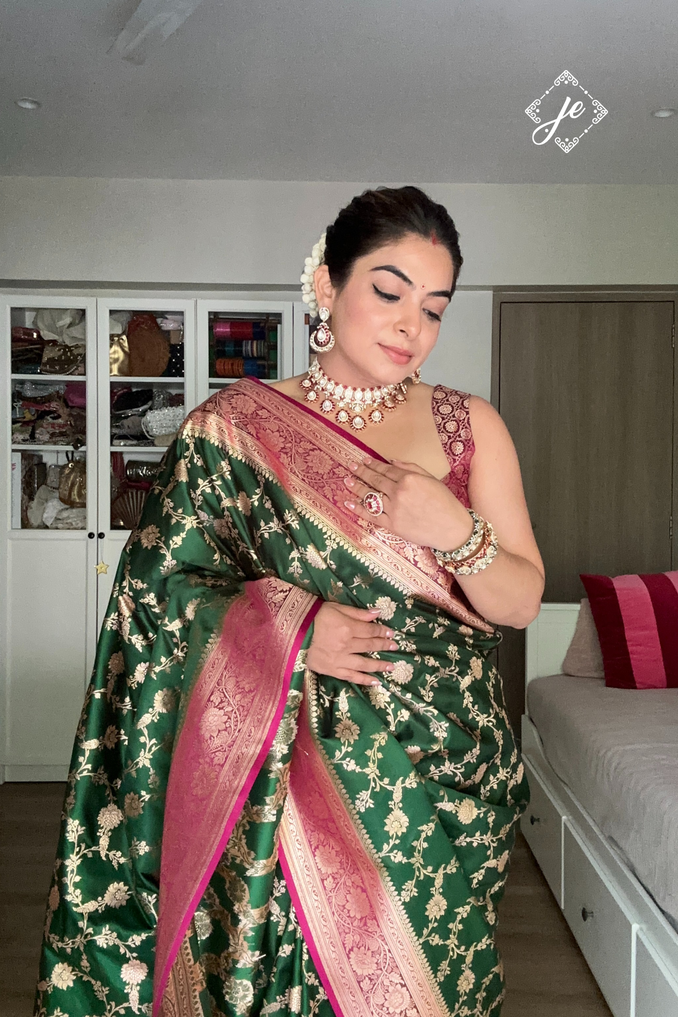 Bottle Green Satin Silk with Contrast Rani Pink Border Banarasi Saree