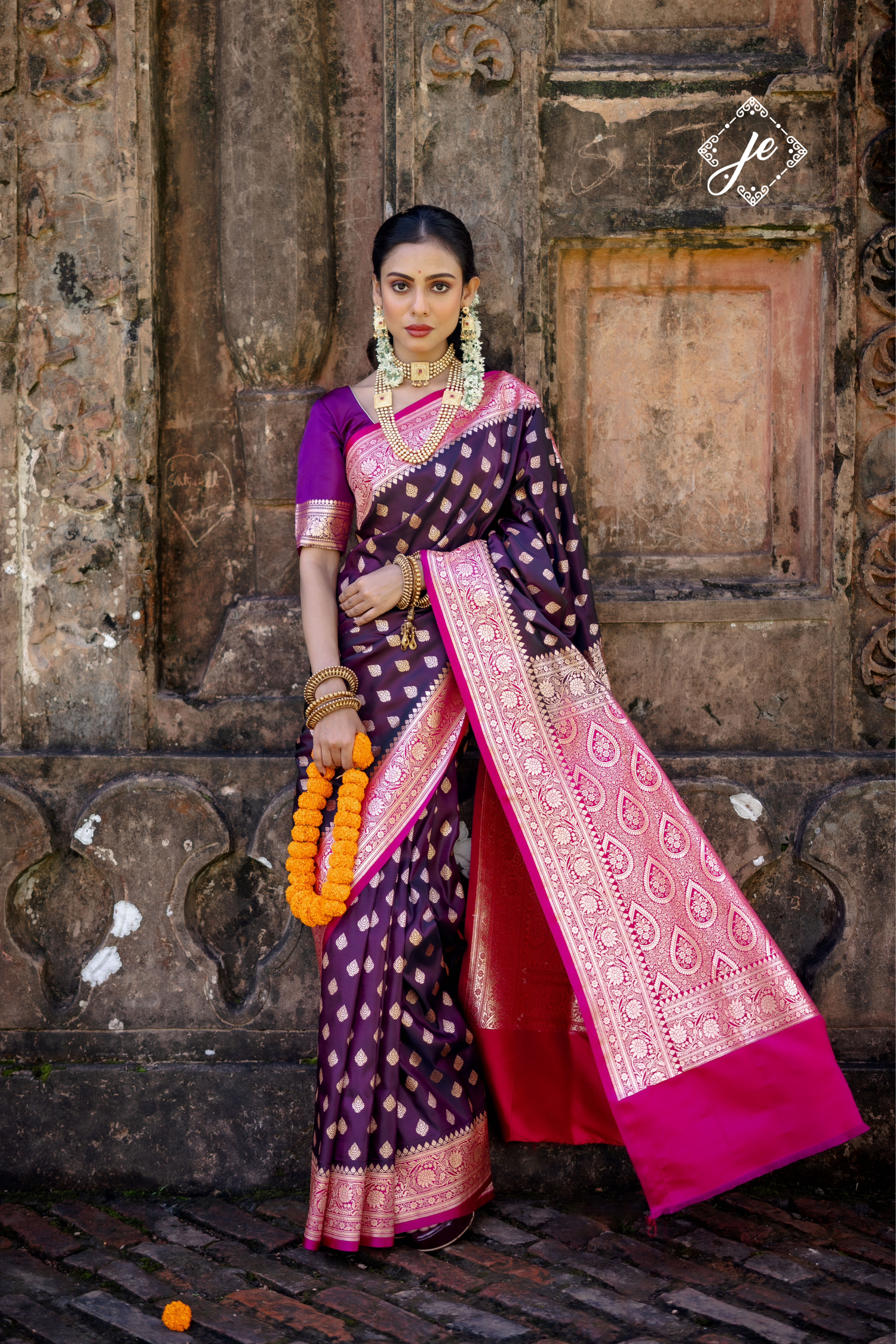 Purple Satin Silk with Rani Pink Border Banarasi Saree