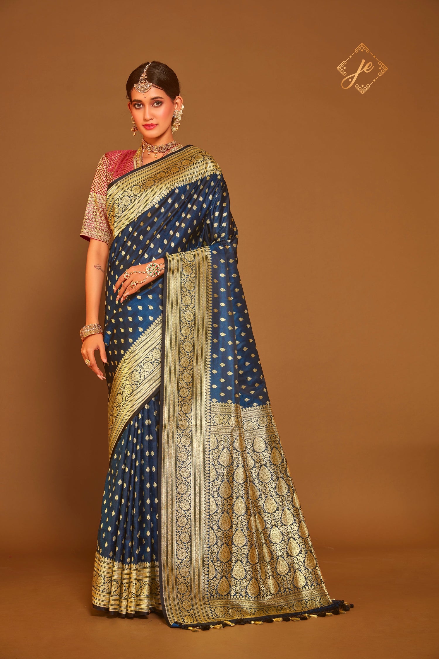 Dual-Tone German Blue Satin Silk Banarasi Saree