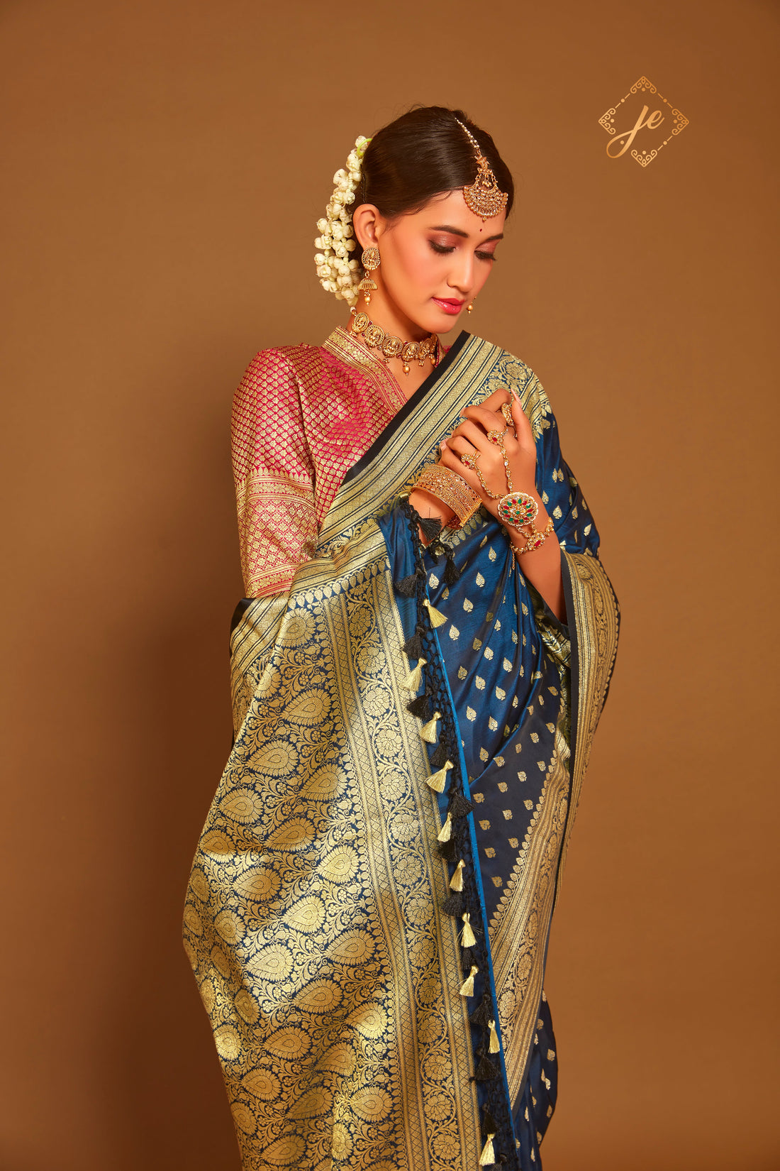 Dual-Tone German Blue Satin Silk Banarasi Saree