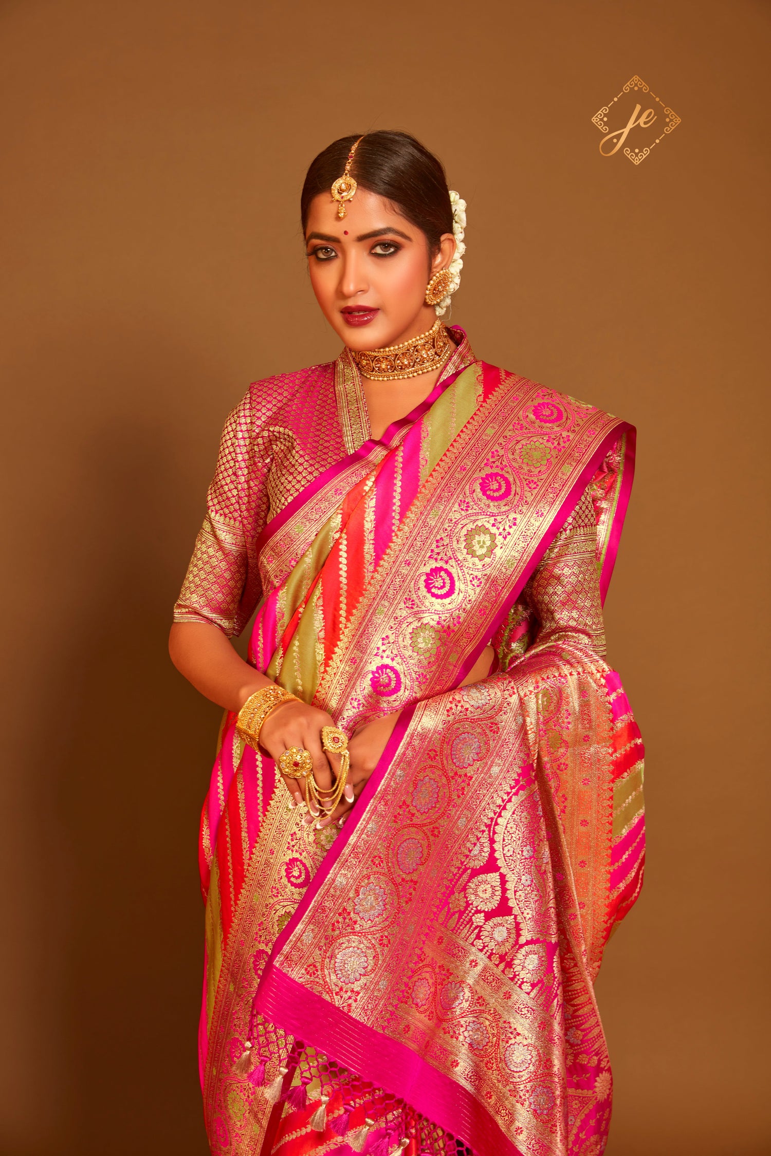 'Sangam' Pink-Orange-Pista Satin Silk Leheriya Rangkaat Banarasi Saree ...