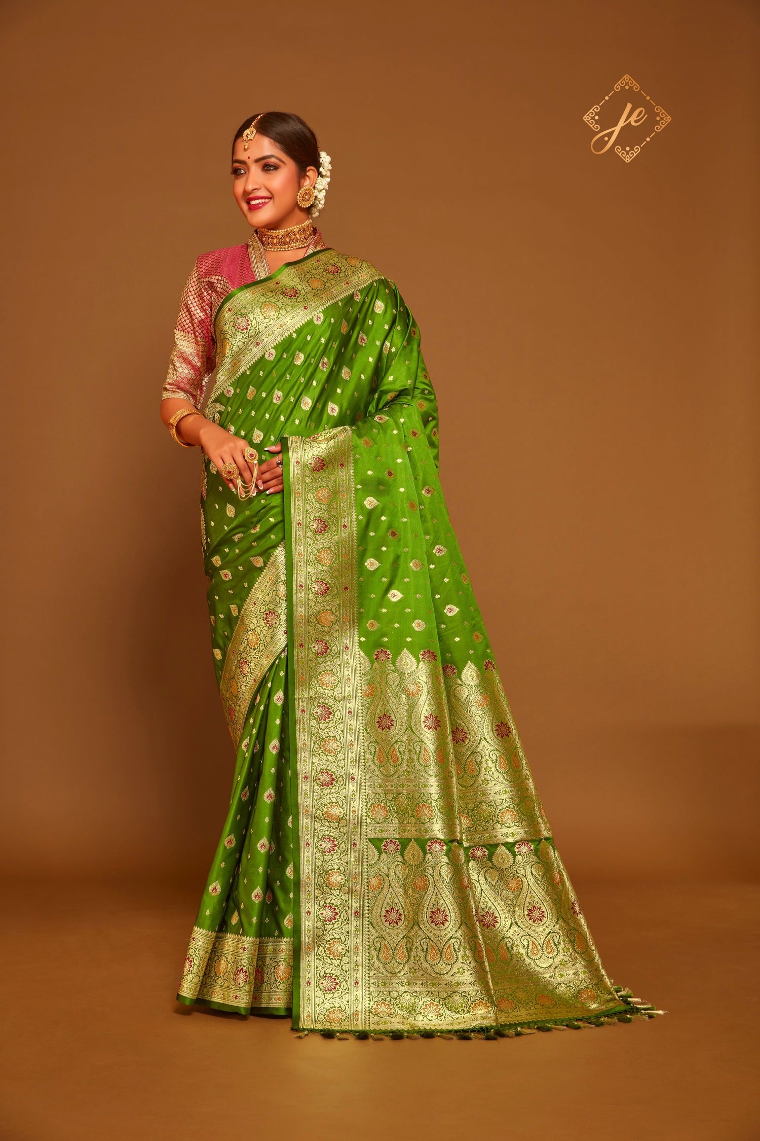 Mehndi Green Satin Silk Meenakari Kamardhani Banarasi Saree