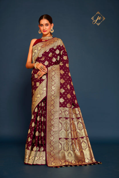 Garnet Satin Silk Buta Buti Mix Banarasi Saree