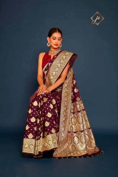 Garnet Satin Silk Buta Buti Mix Banarasi Saree