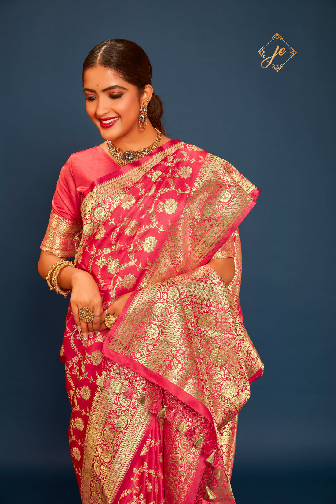 Coral Pink Satin Silk Jaal Banarasi Saree