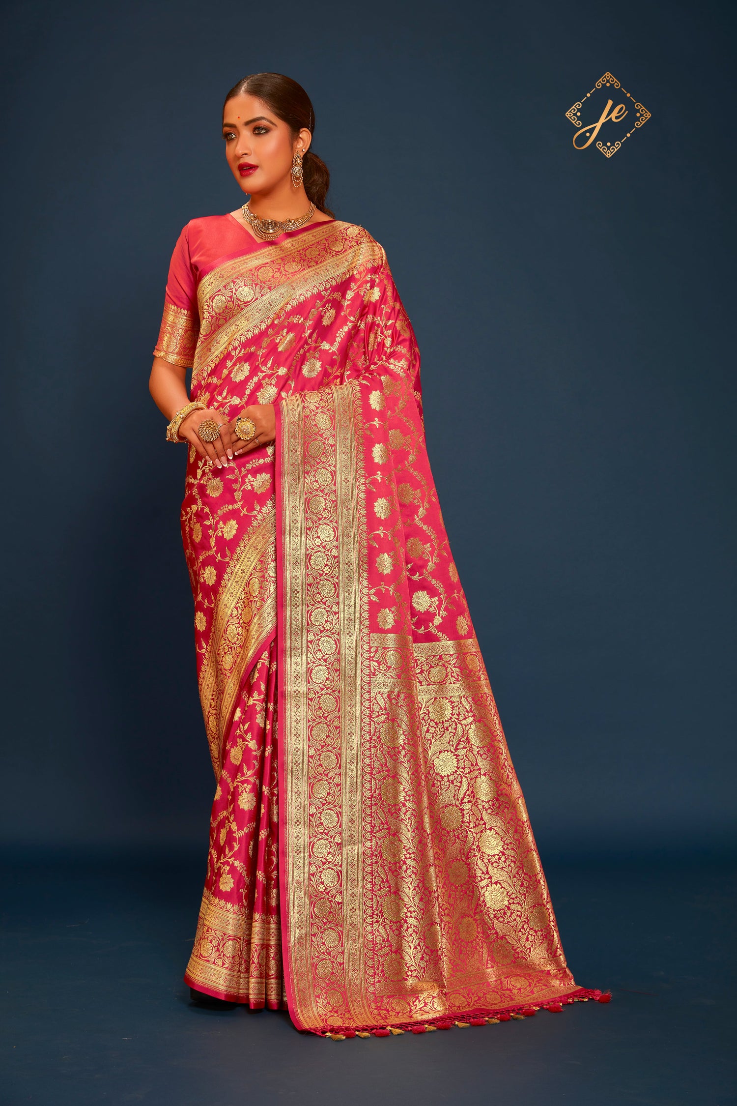 Coral Pink Satin Silk Jaal Banarasi Saree