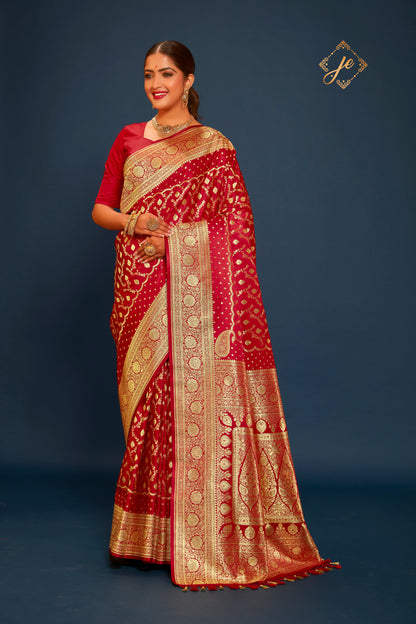 Red Satin Silk Buti-Jaal Banarasi Saree