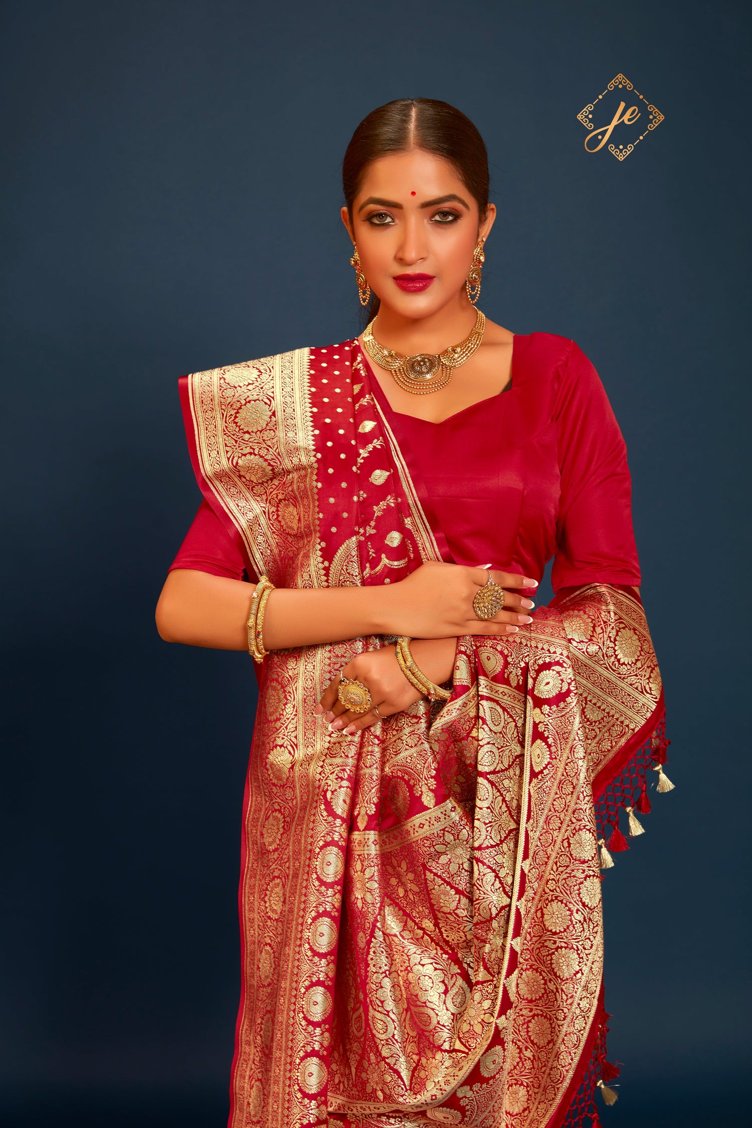 Red Satin Silk Buti-Jaal Banarasi Saree