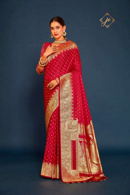 Red Satin Silk Konia Banarasi Saree