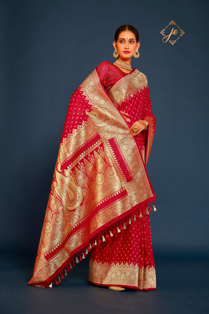 Red Satin Silk Konia Banarasi Saree