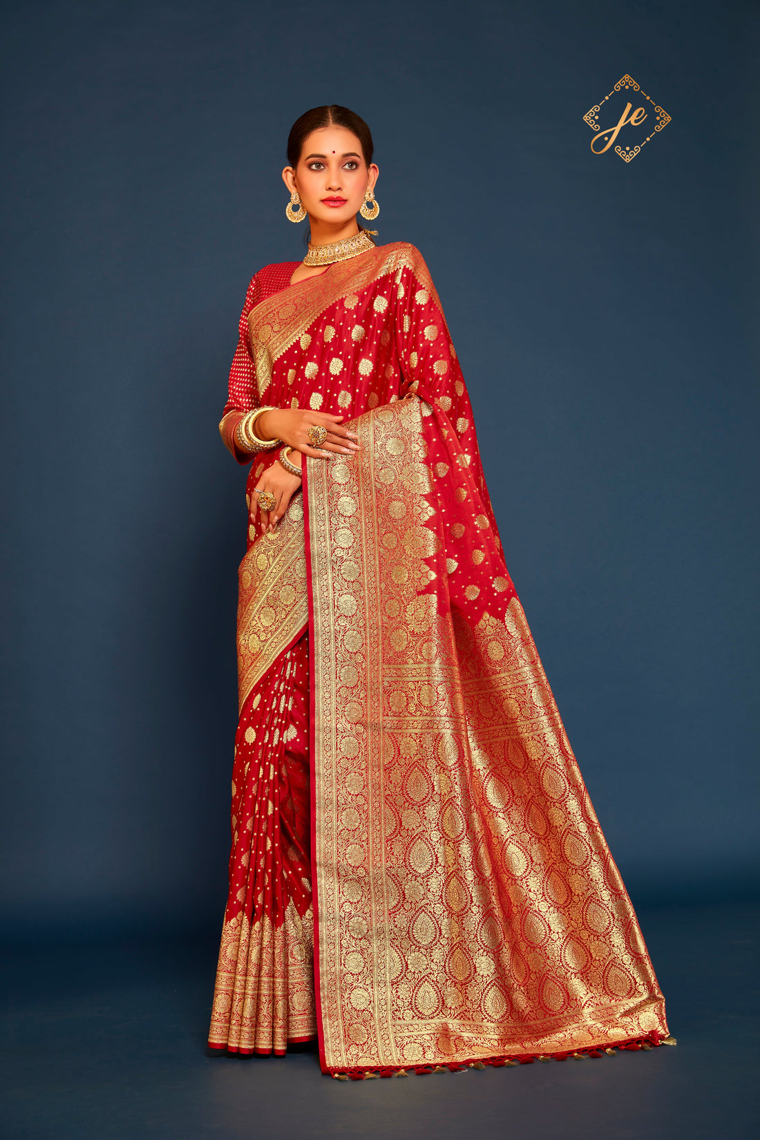 Red Satin Silk Buta Buti Skirt Banarasi Saree