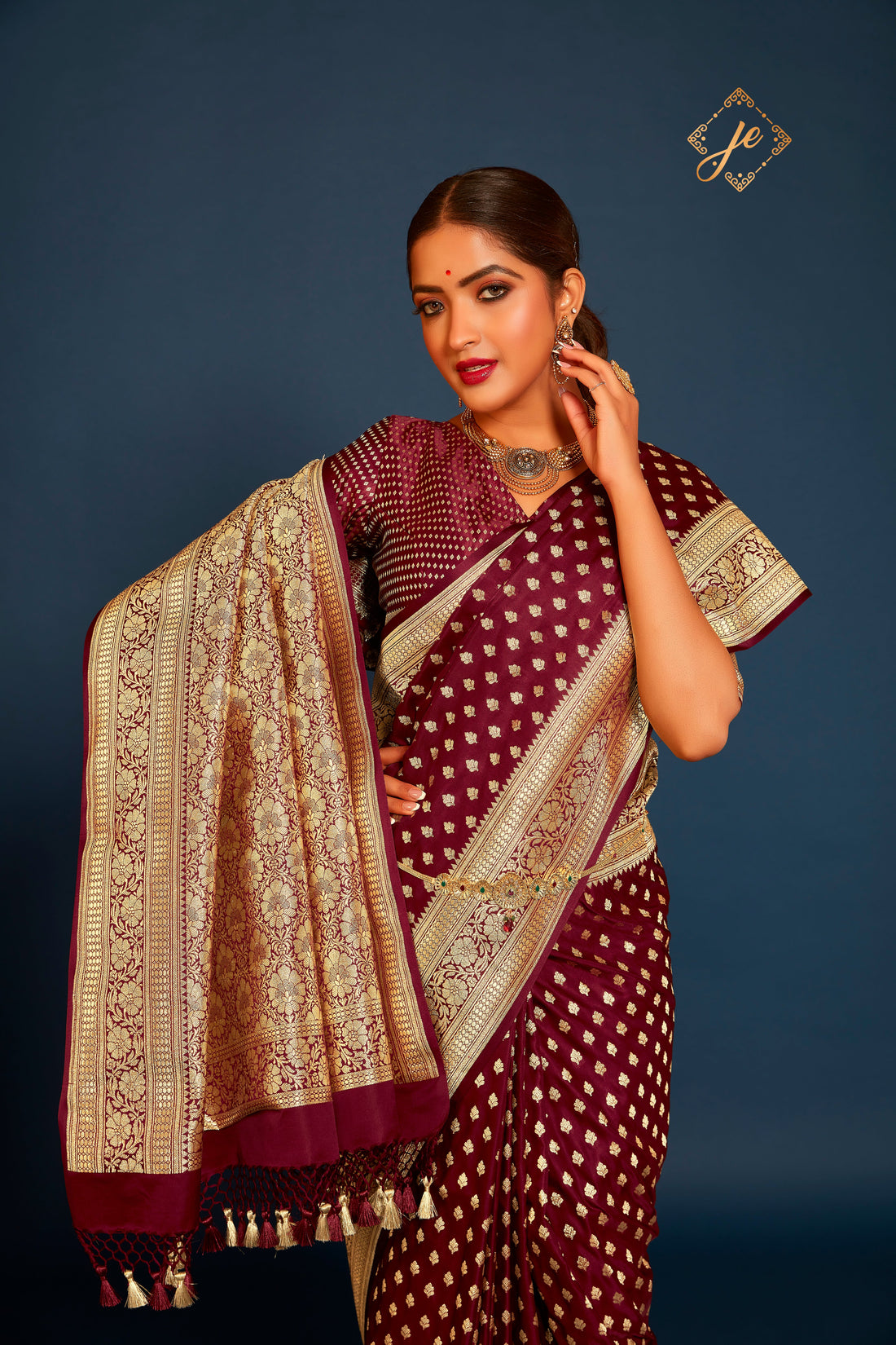 Garnet Satin Silk Buti Banarasi Saree