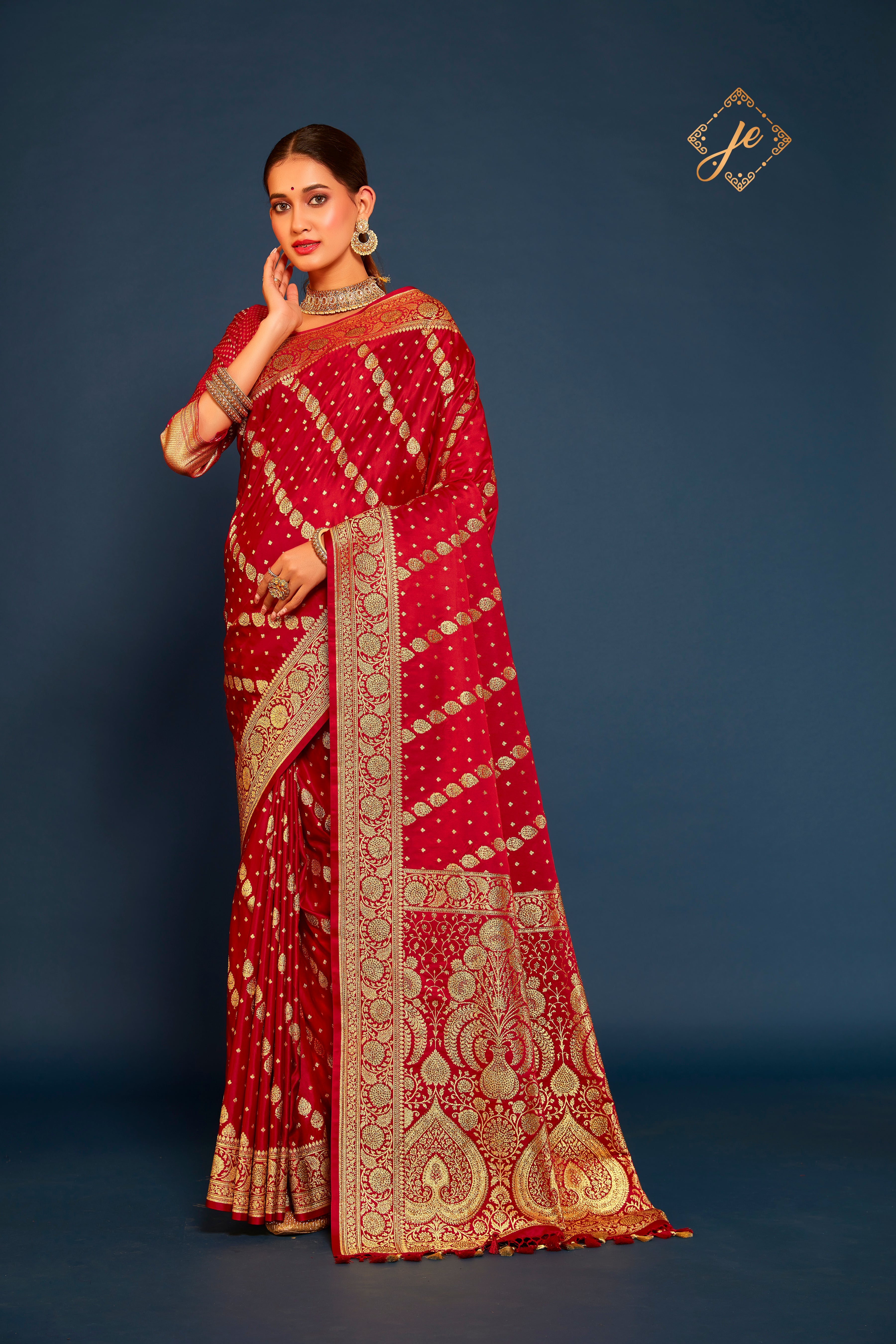 Red Satin Silk Leheriya Buti Banarasi Saree