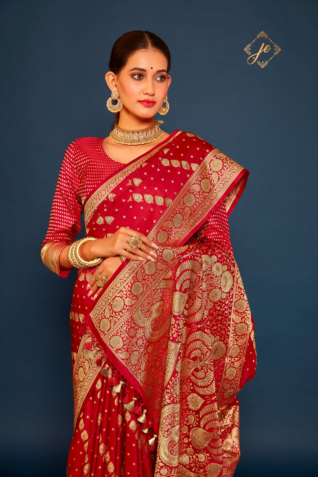 Red Satin Silk Leheriya Buti Banarasi Saree