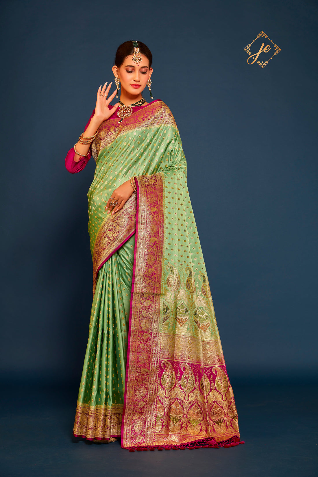 Mint Green Satin Silk with Contrast Border Meenakari Banarasi Saree