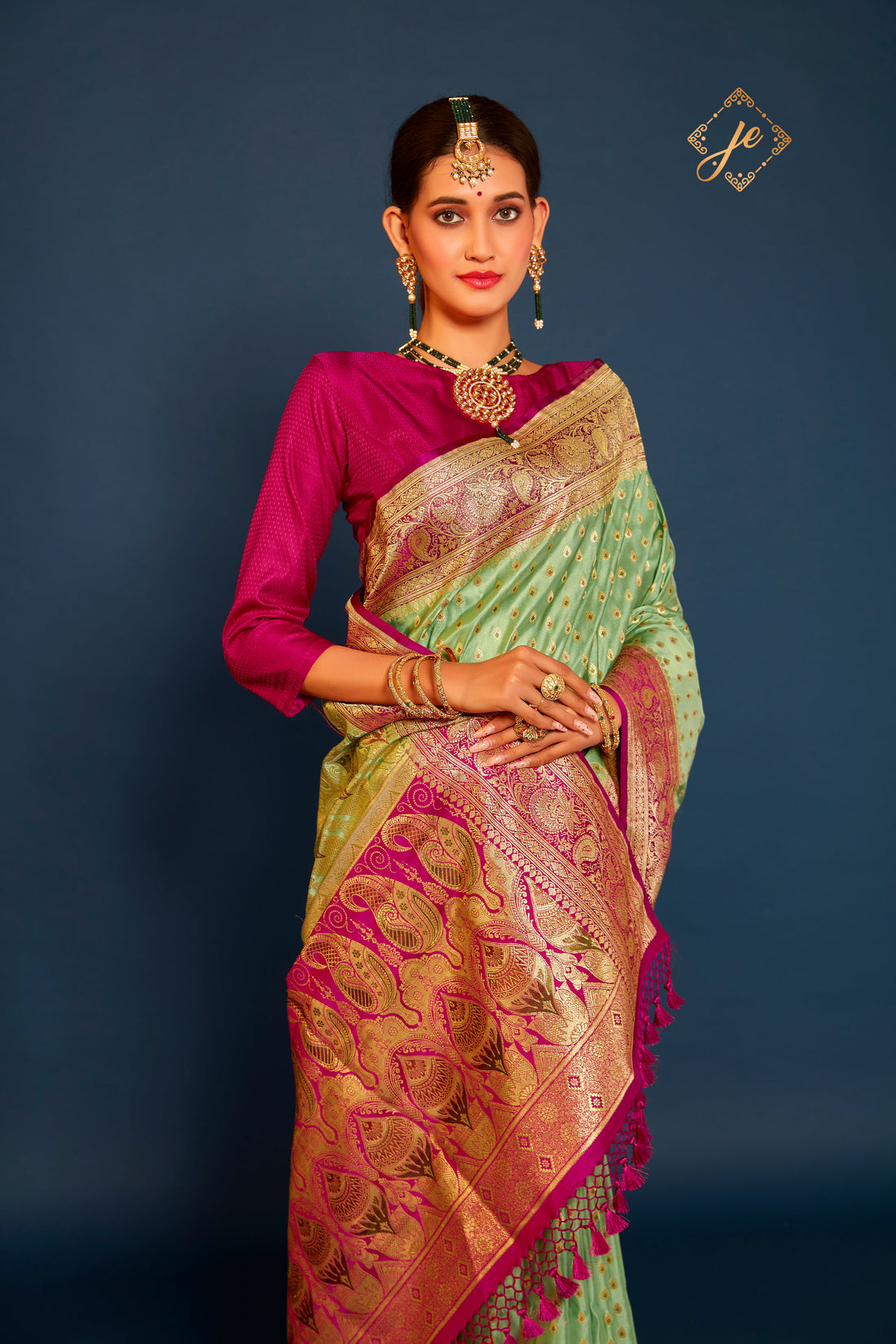 Mint Green Satin Silk with Contrast Border Meenakari Banarasi Saree